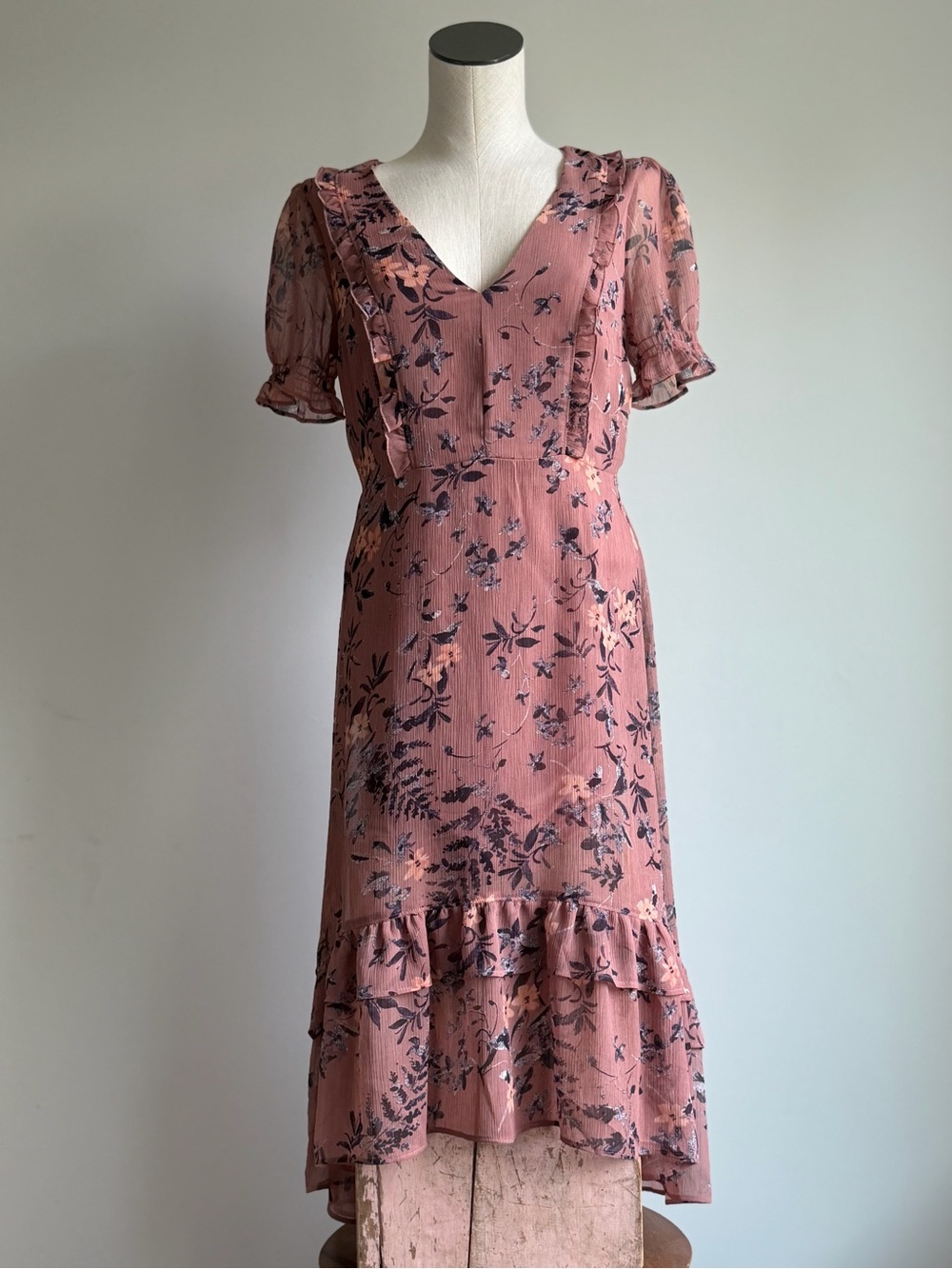 Express Dusty Rose Floral V-Neck Ruffle Midi Dress